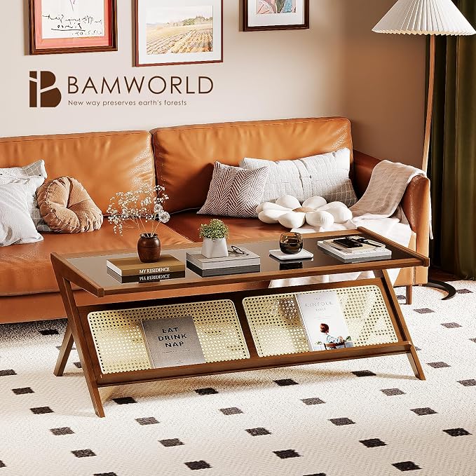Bamworld Rattan Coffee Table with Glass Top Mid-Century Modern Center Table with Storage for Living Room Table Brown
