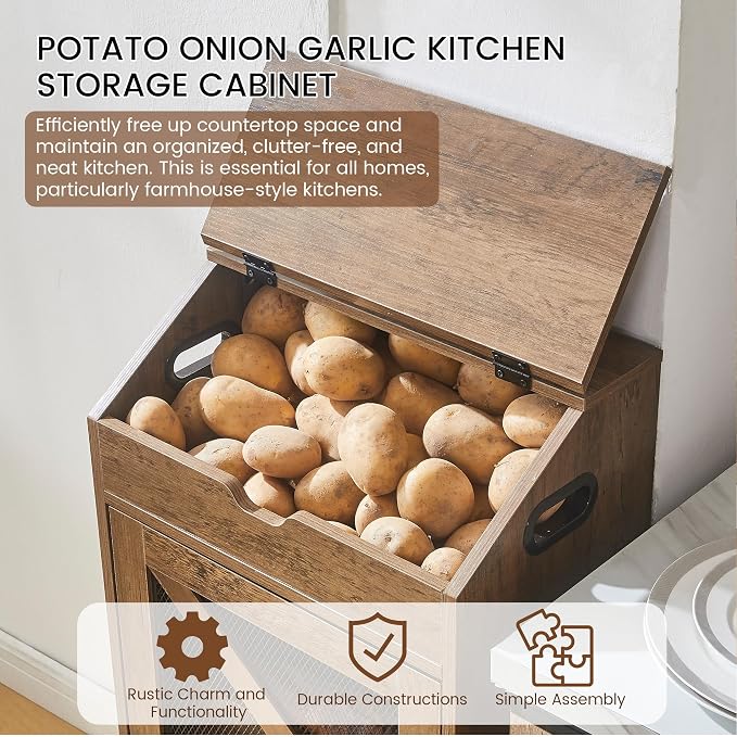 Potato Storage Bin with Wheels, Wood Potato and Onion Storage Cabinet with Lid, Movable Fruit and Vegetable Organizer Box, Large Bread Box for Kitchen