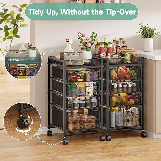 keomaisyto 5-Tier Kitchen Storage Cart with Top Basket & Drawers, Fruit and Vegetable Storage Rack on Wheels, Metal Rolling Cart with Drawers & Kitchen Organization for Snacks, Potatoes, Onions, Cans