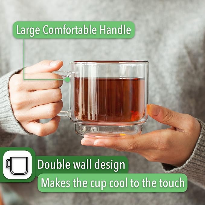BTaT- Double Walled Stackable Glass Coffee Mugs, 12 oz, Set of 4, Glass Coffee Cups with Handle, Insulated Clear Coffee Mug for Hot and Cold Beverages, Cappuccino, Latte, Tea, Americano