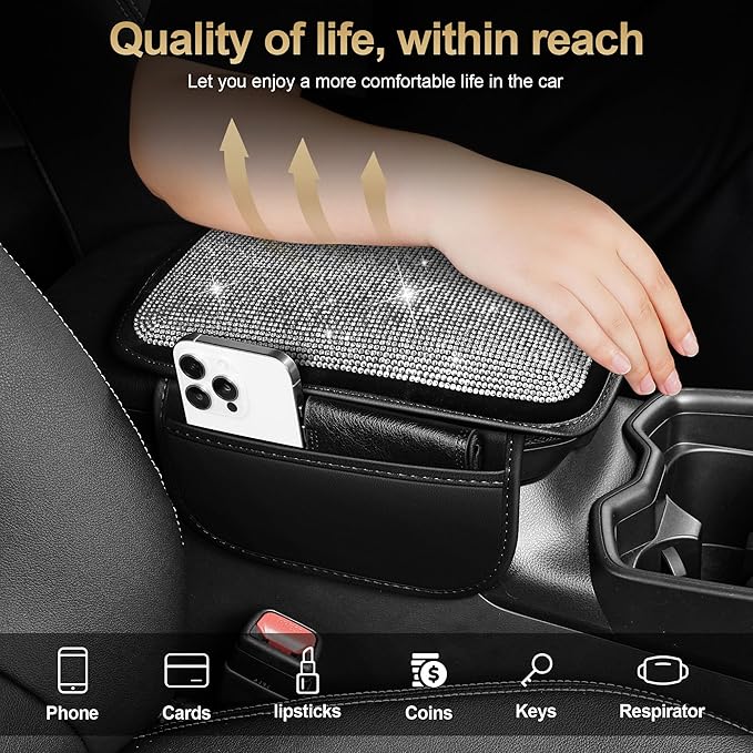 Center Console Cover Fit for RLX: Upgraded Diamond Auto Middle Console Cover - Crystal Rhinestone Armrest Cover for Car with 2 Storage Bags,Anti-Scratch Auto Armrest Pad Accessory （Black