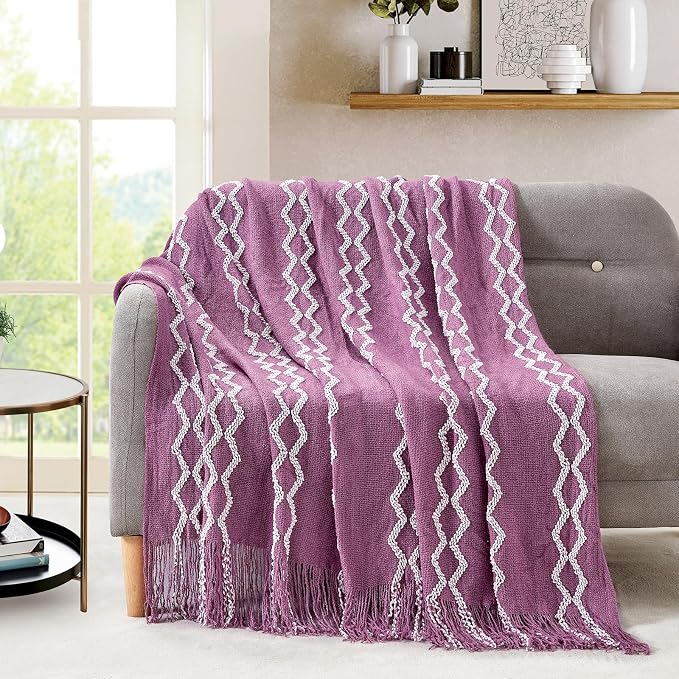 BOURINA Fluffy Chenille Knitted Fringe Throw Blanket Lightweight Soft Cozy for Bed Sofa Chair Throw Blankets Deep Purple 50" x 60"
