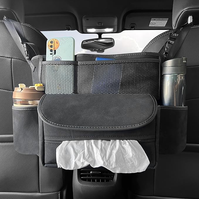 JEYODA Car Suede Seat Organizer High-capacity Seat Back Pouch Central Storage for Pickup SUVs Double-sided Tissue Storage Handbag Holder Car Accessories (Black)
