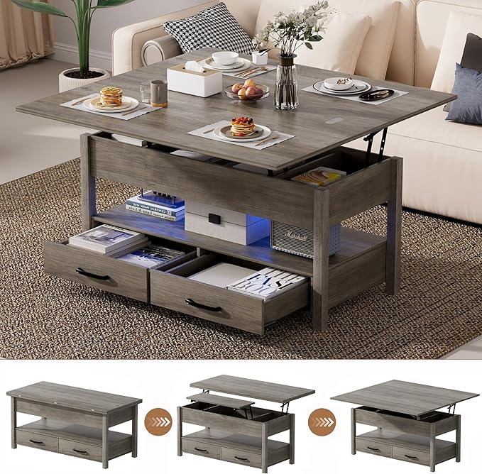 42'' Lift Top Coffee Table with LED, 4-in-1 Multifunctional Coffee Table with Drawers and Hidden Compartments, Converts to Dining Table for Living Room, Reception Room, Grey