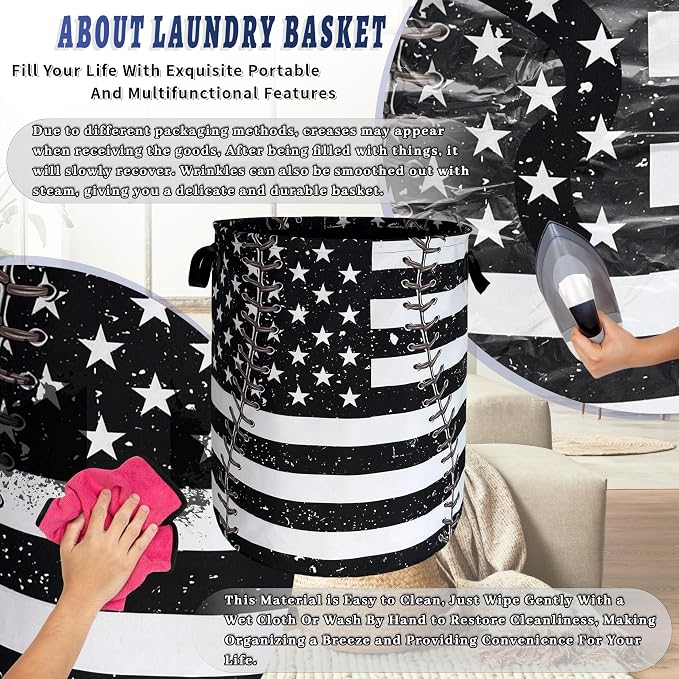 Baseball Textures Laundry Basket Foldable Oxford Cloth American Flag Laundry Hamper With Handle Portable Clothes Storage Organizer Basket 18.9X16.5 Inch Storage Bag For Laundry Room/Bathroom/Bedroom
