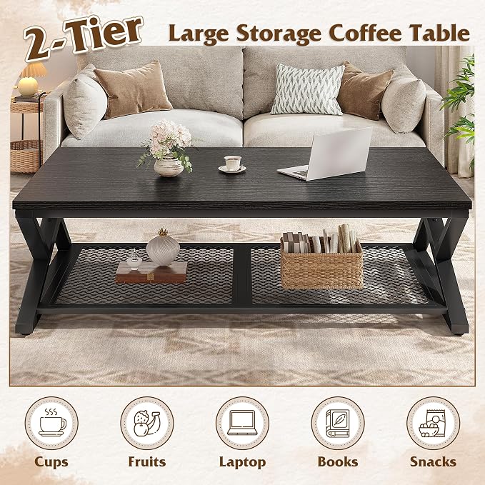EnHomee Black Coffee Table with Storage, Modern Coffee Tables with Mesh Shelf, 2 Tier Minimalist Industrial Center Table for Living Room, Office, 47.2 Inch, Black Oak