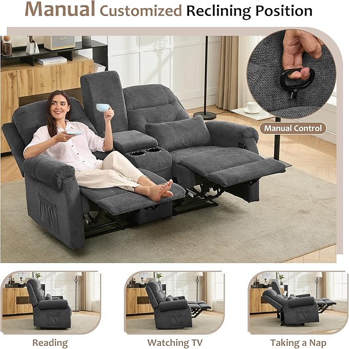DRMBOOK RV Loveseat Recliner Sofa with Console, Flax Velvet Double Wall Hugger Reclining Couch Manual Home Movie Seating 2 Person Recliner Chair with Cup Holders/Storage/Pocket/Lumbar Pillow, Grey