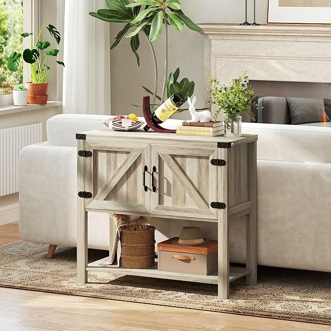 HOMCOM Farmhouse Double Door Coffee Bar Cabinet, Console Table, Sideboard Buffet Cabinet with Bottom Shelf for Entryway, Living Room, Washed-Out Gray