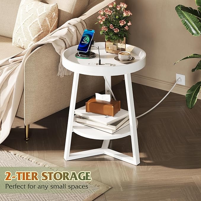 WLIVE Round End Table with Charging Station, Small Round Coffee Table, 2 Tier Side Table for Living Room/Bedroom, Sofa Couch, Wood Tabletop & Metal Frame, White