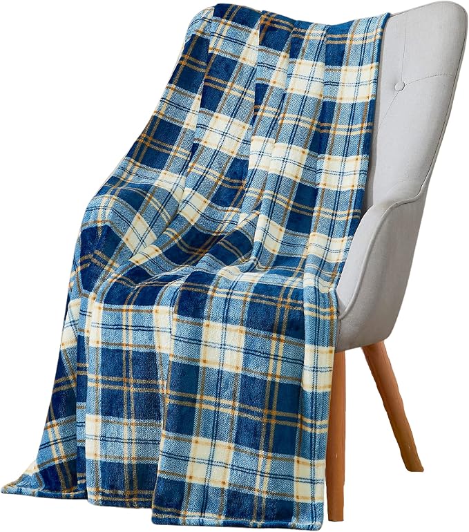 Teal Plaid Farmhouse Fleece Throw Blanket: Soft Blue Cream Brown Tartan Design Accent for Sofa Couch Chair Bed Dorm