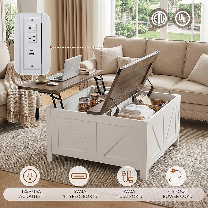 35” Farmhouse Coffee Table with Large Storage, Rustic Wood Lift Top Coffee Table for Living Room, Square Center Table with Charging Station&USB, Modern Port Pottery Barn Lift top Table