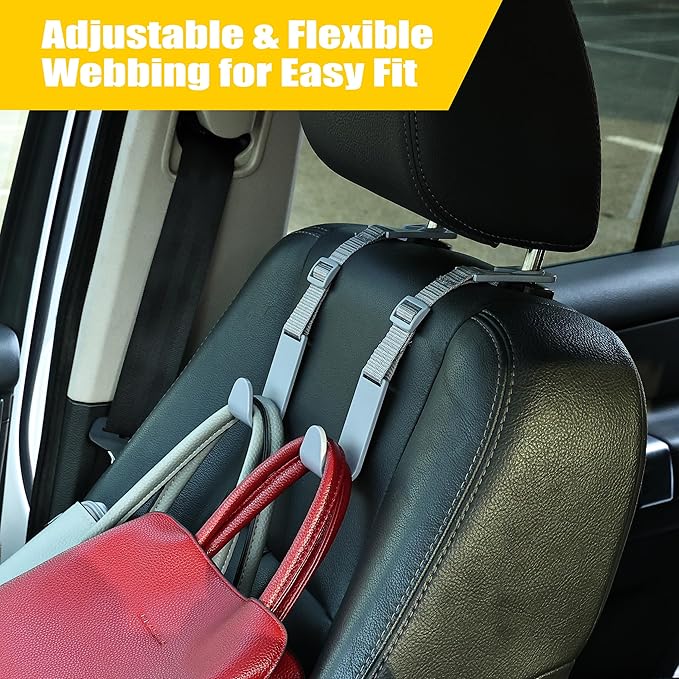Amooca Headrest Hooks for Car Adjustable 4 Pack Vehicle Seat Back Organizer Storage Hanger Holder for Purse Bags Universal Fit Gray