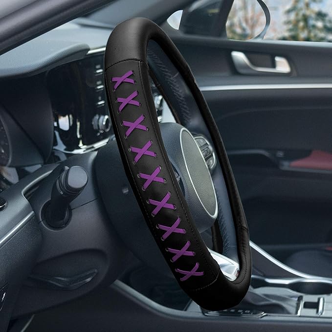 FH Group FH2022PURPLE Universal Fit 15 Inch Genuine Leather with Lace-Up Detailing Purple Steering Wheel Cover fits Most Cars, SUVs