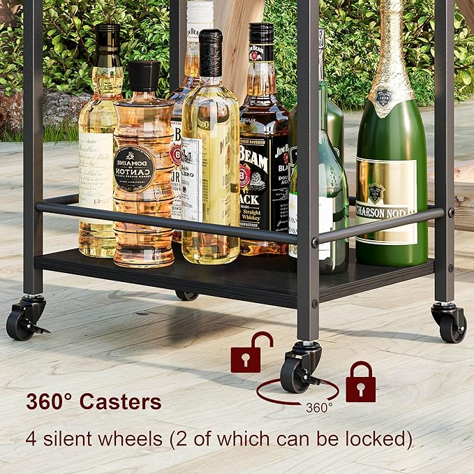 3-Tier Bar Cart with Removable Tray, Small Bar Carts with Wheels, Rolling Beverage Cart, Drink Cart, Black Wine Cart with Wine Rack for Kitchen, Living Room (Black) GBC513B