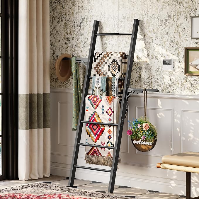 Metal Blanket Ladder, 7-Tier Towel Rack with Ajustable Side Rack, Blanket Rack Stand for Living Room, Bathroom, Quilt Display Ladder Shelf, Farmhouse Black