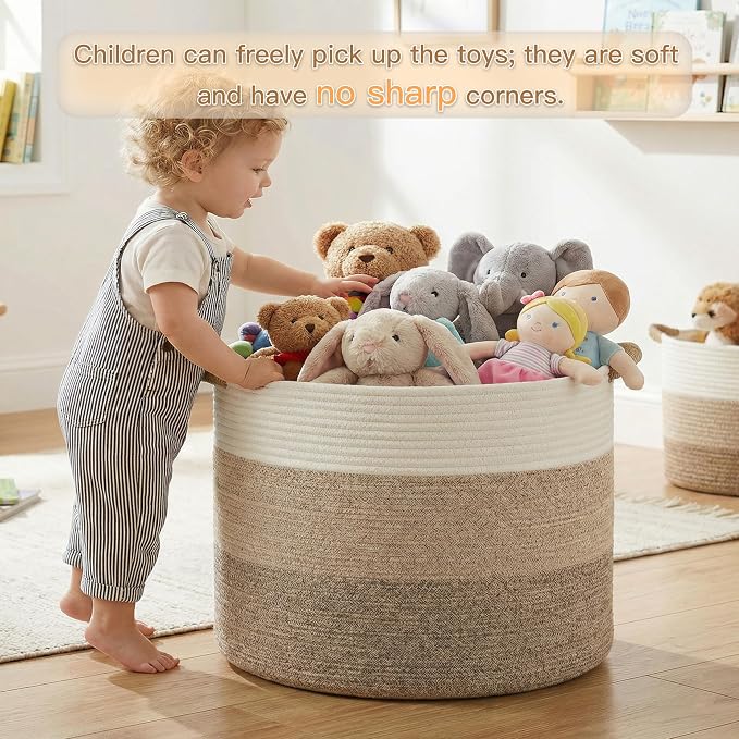 Artfeel 40L Large Cotton Rope Basket, Decorative Woven Blanket Storage for Living Room, Boho Toy Storage & Toy Box for Kids, Versatile Laundry Basket & Nursery Hamper for Blankets(Brownyellow)