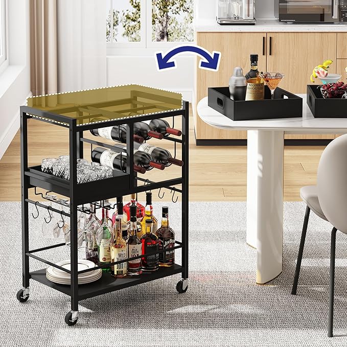 TUTOTAK Bar Cart, Home Bar Serving Cart, 3-Tier Kitchen Cart on Wheels, Rolling Beverage Cart with Wine Rack and Glass Holder, Black BC01BK037