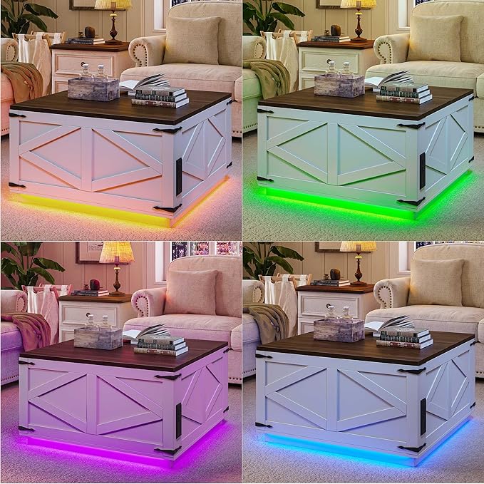 Farmhouse Lift Top Coffee Table, Square Wood Center Table with LED Lighting, USB-C Charging Station, and Hidden Storage Compartment - Rustic White & Oak Living Room Furniture