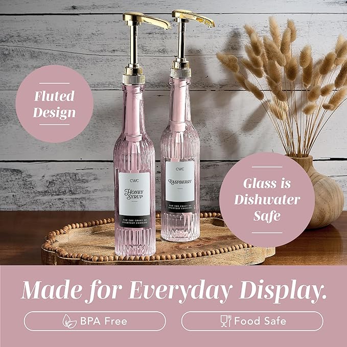 COOK WITH COLOR Glass Coffee Syrup Dispenser with Pump- Set of 2 Syrup Bottles for Coffee Bar, Decorative 350 ML Bottle with Ceramic Holder, Funnel, Labels and Extra Pumps, Textured Pink