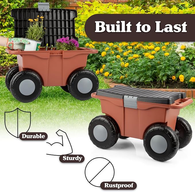 Pure Garden Rolling Garden Cart with Seat - Plastic Storage with Bench and Tool Tray - Gardening Stool for Weeding or Planting (Terracotta)