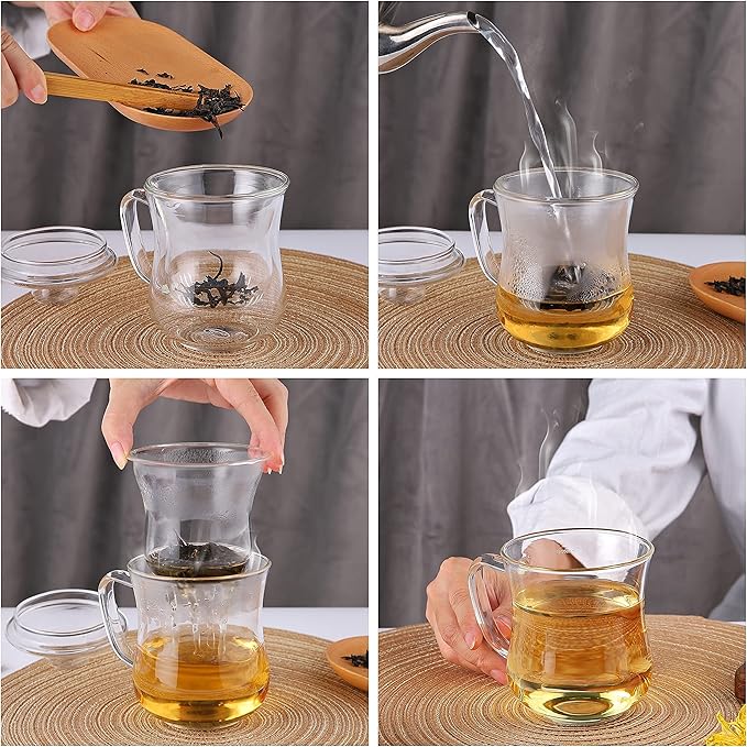 CNGLASS Glass Tea Cup with Removable Infuser and Lid,10oz Thickened Glass Infuser Mug,Borosilicate Glass Mug for Loose Leaf Tea,Teabags