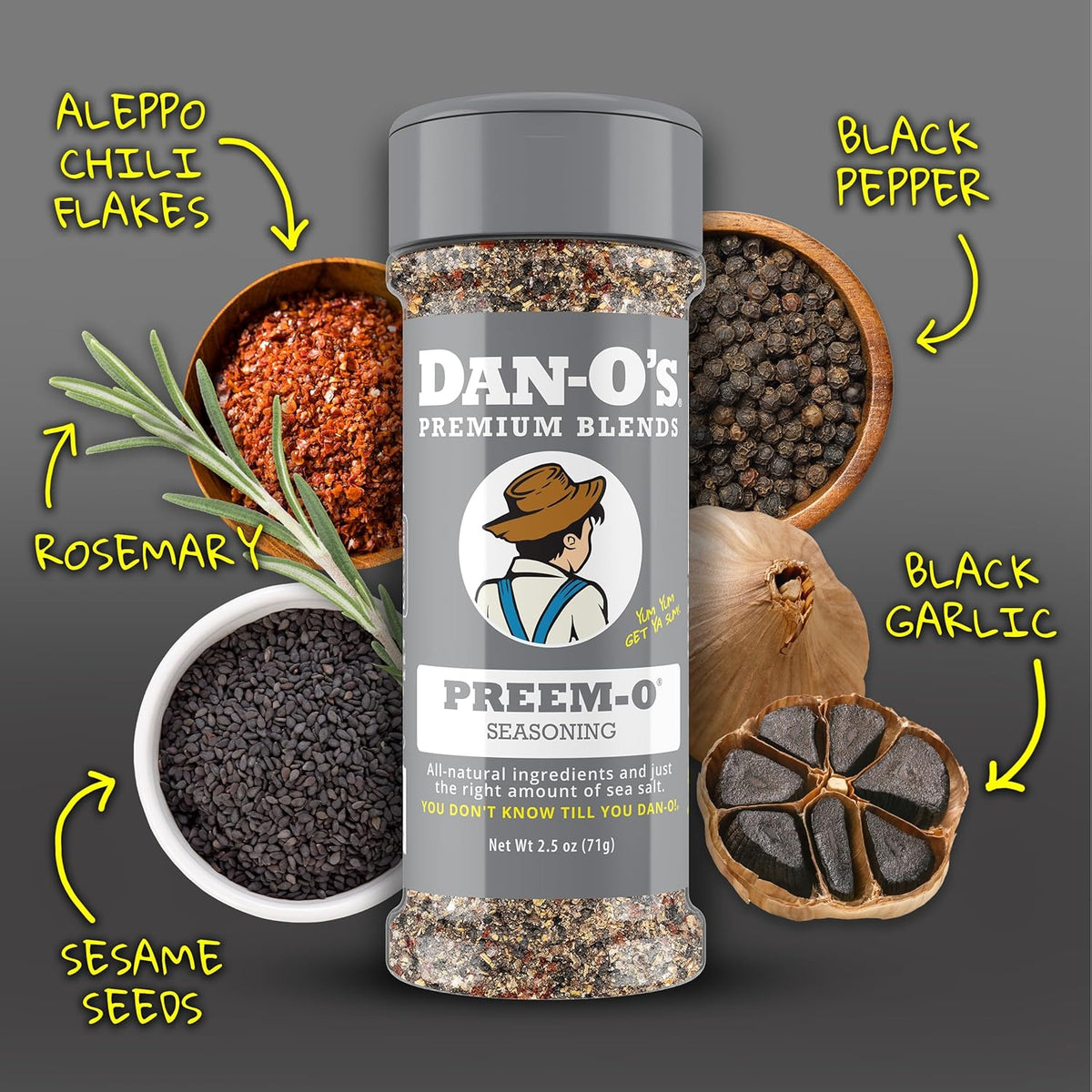Dan-O's Preem-O Seasoning, 2.5 oz Bottle, Meat Seasoning for Steak, Ribs, Chicken, Brisket and More, Sugar Free, Zero Calorie, Use this Spice Blend to Craft a Marinade, Dry Rub or Sauce