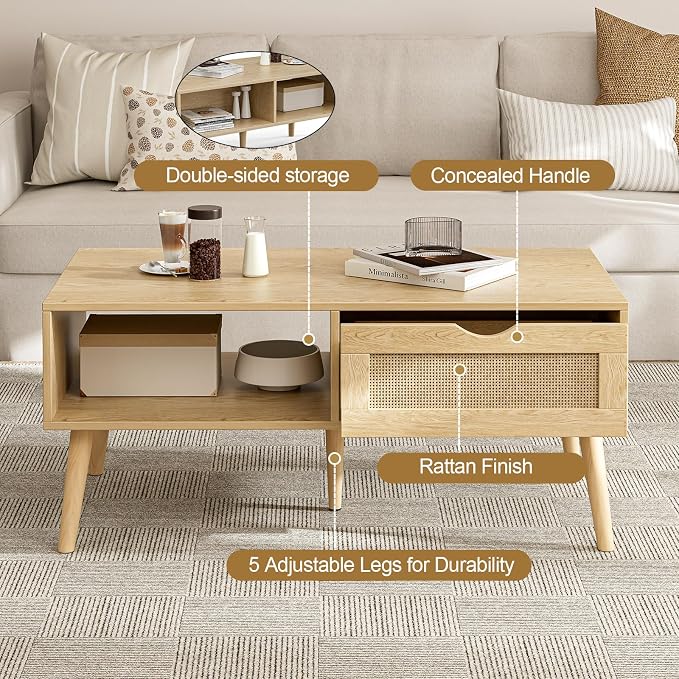 ZttRiee Coffee Table with Storage, Boho Dining Table with Rattan Drawer and Solid Wood Legs, Small Coffee Tables for Living Room, Oak