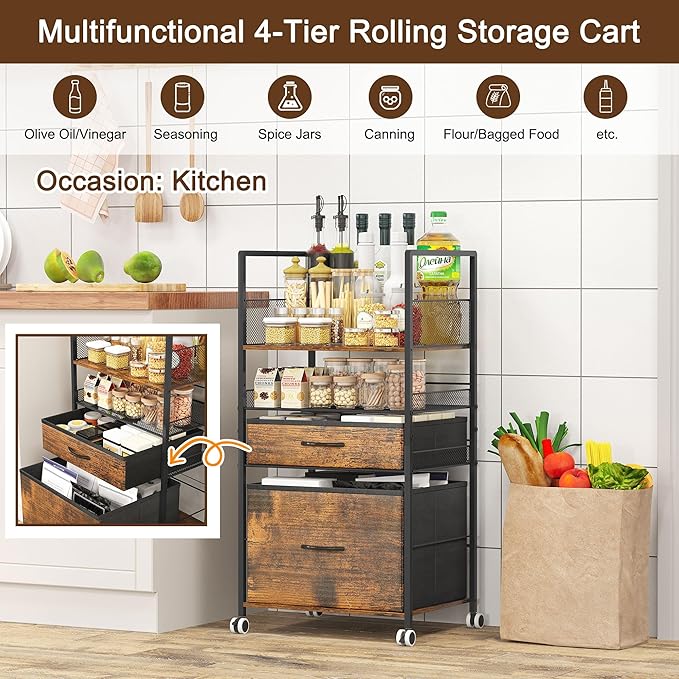 Rolling Storage Cart with 2 Drawers, 4 Tier Heavy Duty Utility Cart with Adjustable Dividers & Wheels, Mobile Storage Cabinet for Home, Office, Classroom, Coffee Bar, Black/Antique
