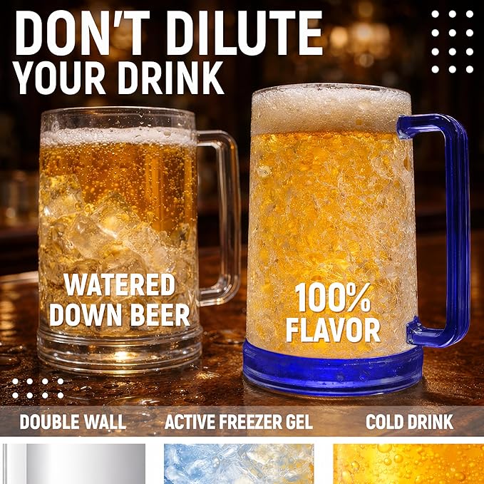 Beer Mugs for Freezer (Set of 4), 16oz Double Walled Glasses, Frozen Cooling Cups with Color-Coded Handles, Break-Resistant Acrylic Frosty Insulated Beer Mug for Dad, Men, Pool Parties & BBQ
