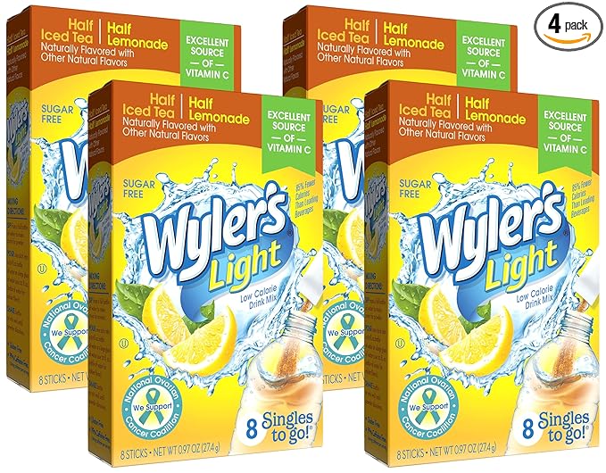 Wyler's Light Water Drink Mix, Singles To Go, Half Iced Tea & Half Lemonade, 1 Box, 8 Sticks Per Box (8 Sticks Total) (Pack of 4)
