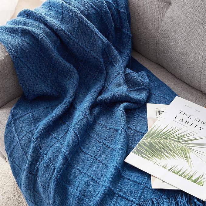 BOURINA Royal Blue Throw Blanket 60x80 Inches Throw Textured Solid Soft Sofa Throw Couch Knitted Decorative Blanket