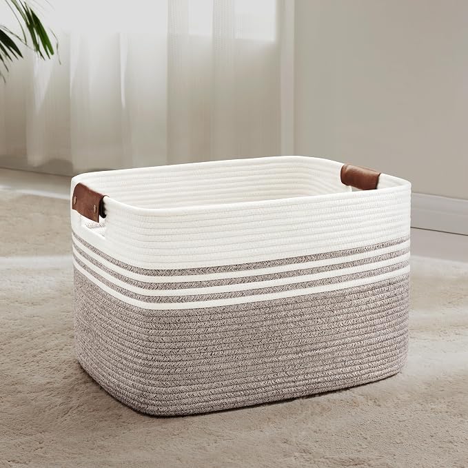 60L Large Laundry Basket with Leather Handles for Living Room Storage, Woven Rope Baskets Bin for Blanket, Kids Toy, Gifts, Wicker Hamper for Bedroom Dirty Clothes, 21"x15"x11" Dark Brown