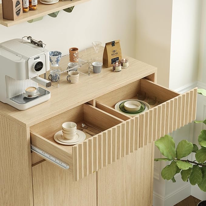 Sideboard Storage Cabinet with 2 Drawers & 2 Doors, Fluted Kitchen Buffet Cabinet with Adjustable Shelves, Coffee Bar Station for Living Room, Entryway, 13.8 x 27.6 x 35.6 in., Natural Wood