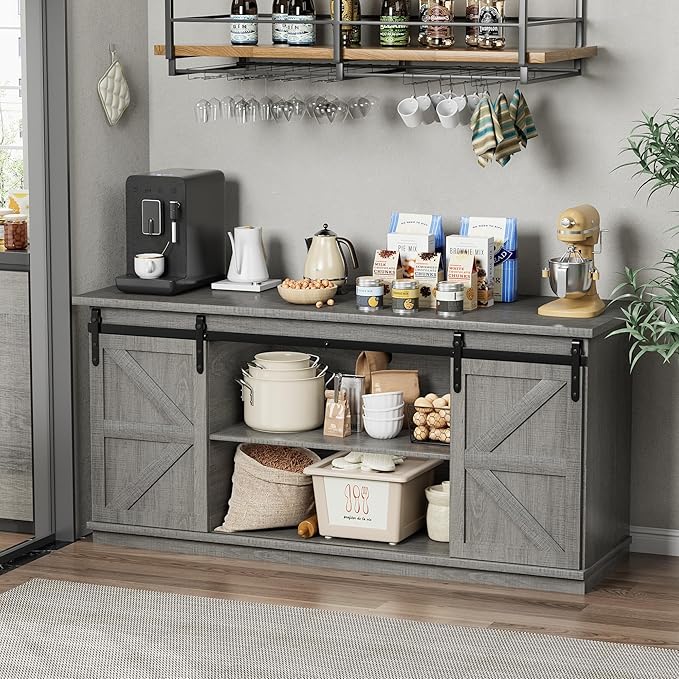 Shahoo Farmhouse Sideboard Buffet Cabinet, Coffee Bar Storage with Sliding Barn Doors, Shelf for Home Dining Room, Grey
