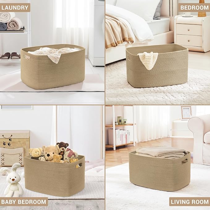 72L Large Wicker Laundry Basket for Living Room Storage,Boho Woven Cotton Rope Baskets for Kids Toy,Gifts,Square Blanket Hamper for Bedroom Dirty Clothes,Jute