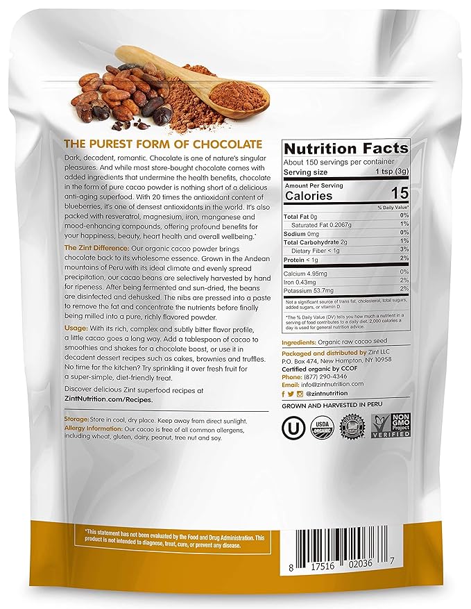 Zint Organic Cacao Powder (16 oz): Raw Non-Alkalized Chocolate With Powerful Antioxidants and Resveratrol