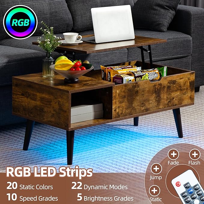Finnhomy Lift Top Coffee Table with USB Type-C Charging Station, LED Lights and Power Outlet, 3-in-1 Multifunctional Table with Hidden Compartment and Large Storage, for Living Room Home Office, Brown