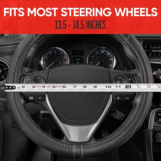 Motor Trend GripDrive Faux Black Leather Steering Wheel Cover for Car Truck Van SUV, Small 14 inch Size, Beige Accent Stitched Car Steering Wheel Cover Vehicle & Auto Accessories