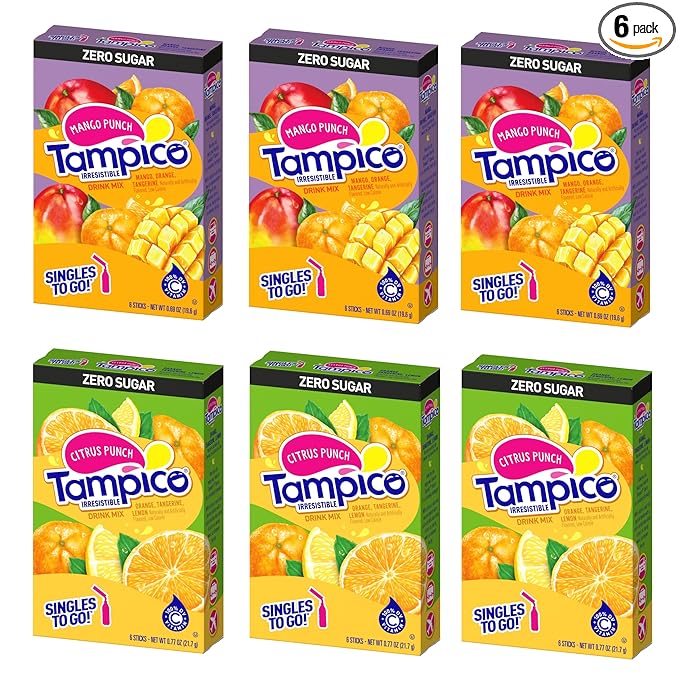 SINGLES TO GO! Tampico Variety, Singles To Go Powdered Drink Mix, 3 Boxes of Mango Punch and Citrus Punch, Excellent Source of Vitamin D and Zero Sugar (Pack of 6)