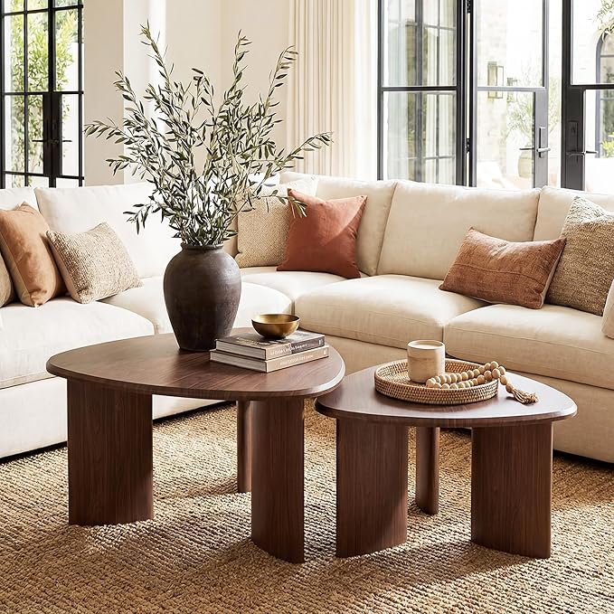 Honyee Nesting Coffee Table Set of 2, Modern Walnut Wood Veneer Coffee Table and Side Table Set for Living Room, Small End Table Set with Flexible Use and Space-Saving Design