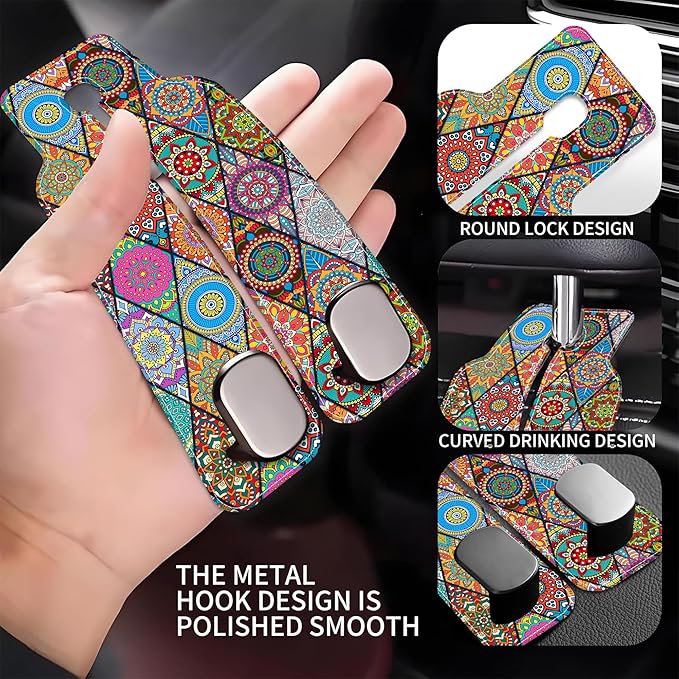 Purse Hook for Car Vintage Boho Mandala Flowers 1 Pack Headrest Back Seat Hook Premium Leather Double Metal Hanger Storage Pack Bag Purse Holder Car Accessories