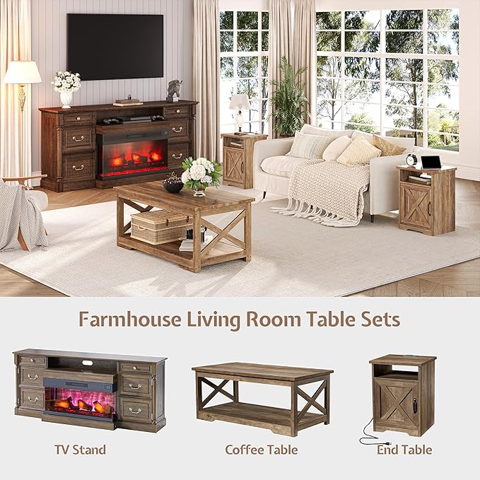 3-Piece Farmhouse Living Room Table Sets, Includes 1 x Coffee Table, 2 x End Tables with Charging Station & USB Ports, Rustic Coffee Table Set of 3, Barnwood
