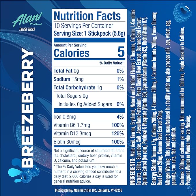 Alani Nu BREEZEBERRY, Energy Sticks Drink Powder, 200mg Caffeine, Pre Workout Performance with Antioxidants, On-The-Go Drink Mix, Biotin, B Vitamins, Zero Sugar, 5 Calories, 10 Pack