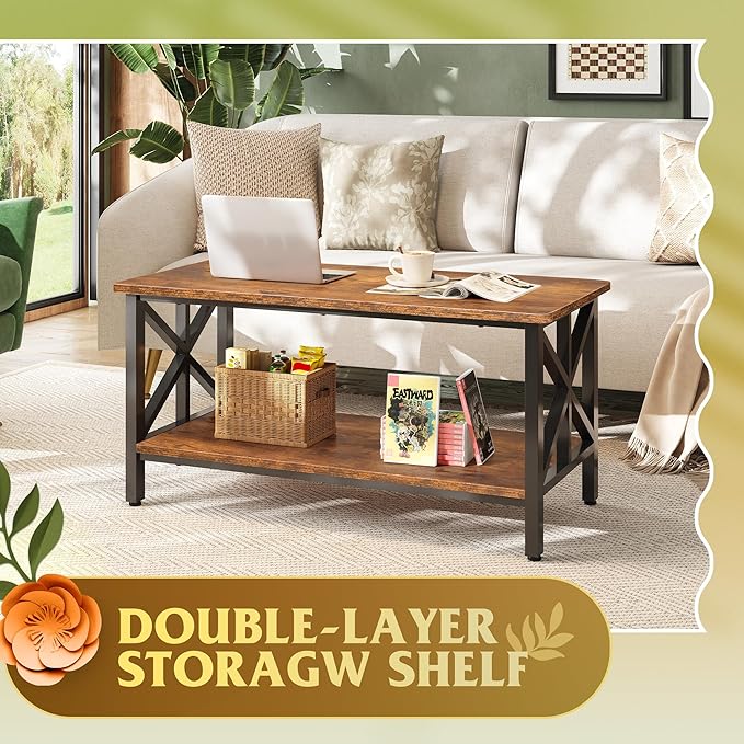 WLIVE Coffee Table for Living Room, 39" Modern 2-Tier Center Table with Round Corners, Storage Shelf, Farmhouse Style Small Coffee Table with Metal Frame, Rustic Brown