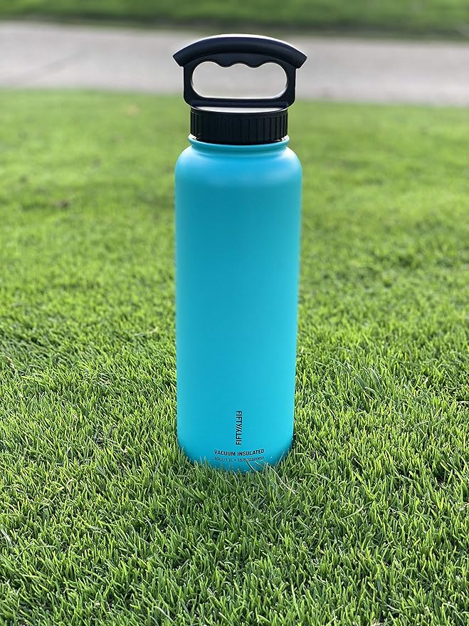 FIFTY/FIFTY Double Wall Vacuum Insulated Water Bottle, Stainless Steel, Wide Mouth with Three Finger Cap