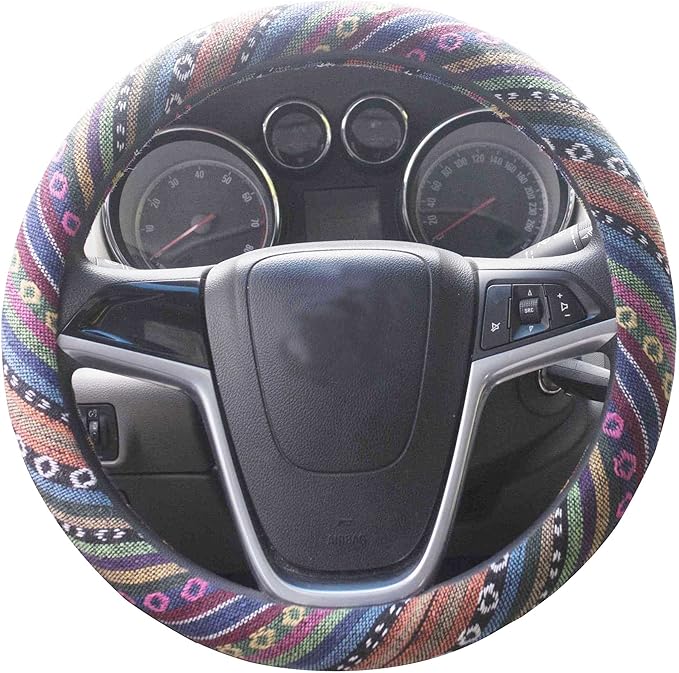 Ethnic Style Coarse Flax Cloth Automotive Steering Wheel Cover Anti Slip and Sweat Absorption Auto Car Wrap Cover (C, 15.25''-16'')