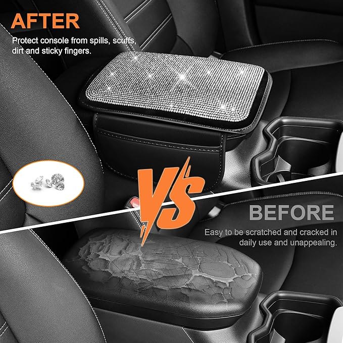 Bling Car Armrest Cover for Women Fit for Mitsubishi Outlander Custom Leather Center Console Cover with 2 Storage Pockets Crystal Rhinestones (Black)