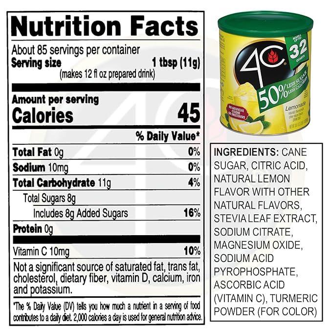 4C Reduced Sugar Powdered Drink Mix Canisters, Iced Tea 1 Pack, 28 Quarts, Family Sized Canister, Thirst Quenching & Refreshing Flavors (Lemonade, 33.1 Ounce (Pack of 1))