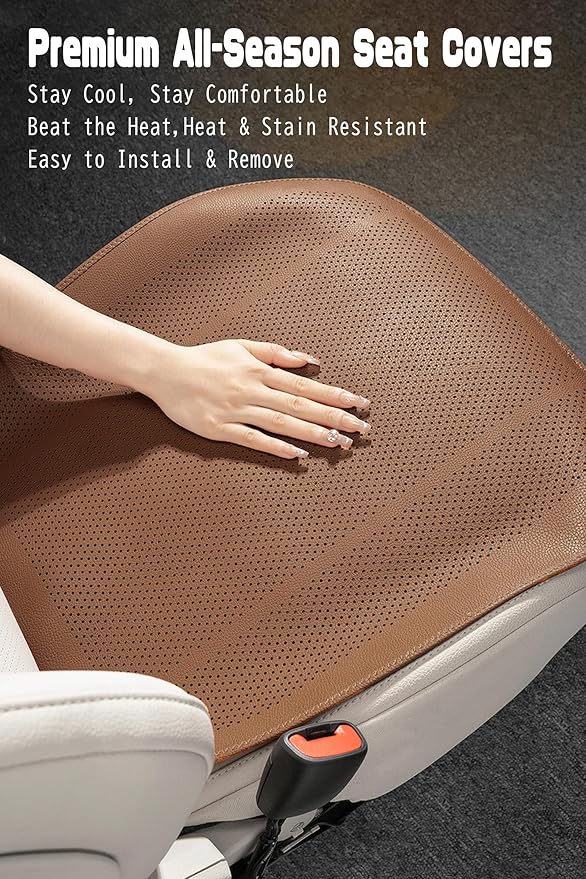 ontto 2 PC Car Seat Cushions for Most Vehicles Universal Auto Seat Pad Protector Perforated PU Leather Bottom Pad Breathable and Thin Seat Mat Also Works with Truck and Office Chair,Light Brown