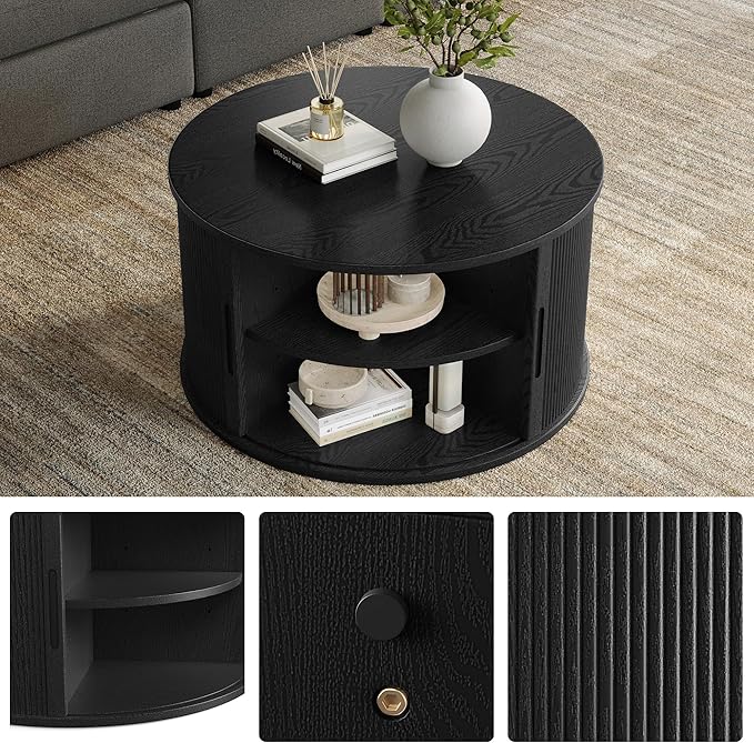 LINSY HOME Round Coffee Table, 31.5" Drum Coffee Table with Sliding Tambour Door, Fluted Accent Center Table with Storage, Mid Century Modern Coffee Table for Living Room (Black)